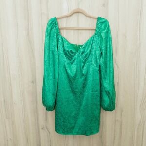 12th Tribe Jacquard Floral Mini Dress M Green Satin Puff Sleeve Regency Cottage